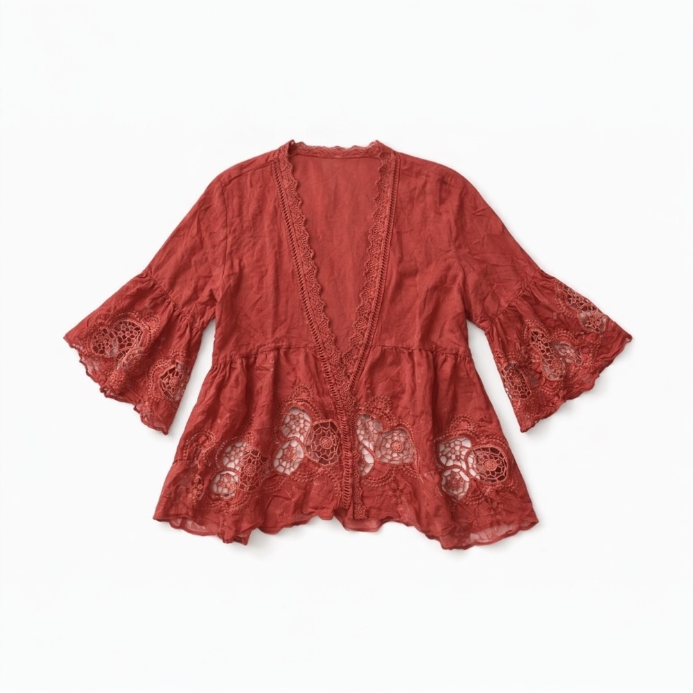 Lace-Trim Tea-Length Sleeve Peasant Blouse - Rust Red